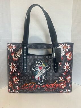 Ed Hardy Oversized Vegan Leather Tote Bag with Rhinestone Cross NWT